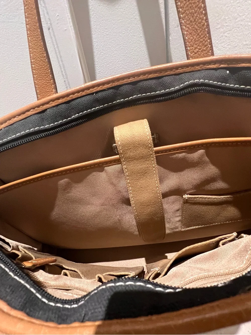 Black Canvas Laptop Tote with Tan Trim
